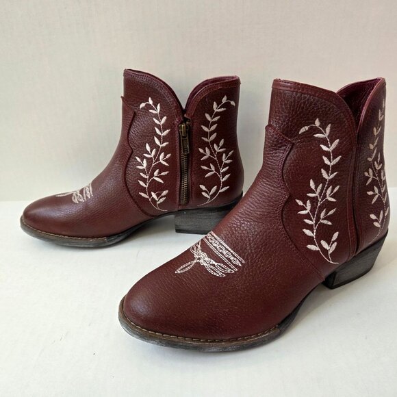 Sterling River Boots Womens 9 Burgundy Leather Embroidered Ankle Booties Western - Picture 2 of 11
